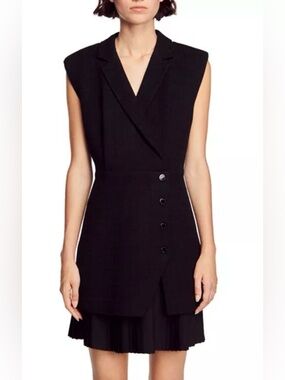 SANDRO Paris Black Sleeveless Asymmetric Button Mini Dress